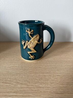 Handmade Teal Ceramic Mug with Brown Frog Accent